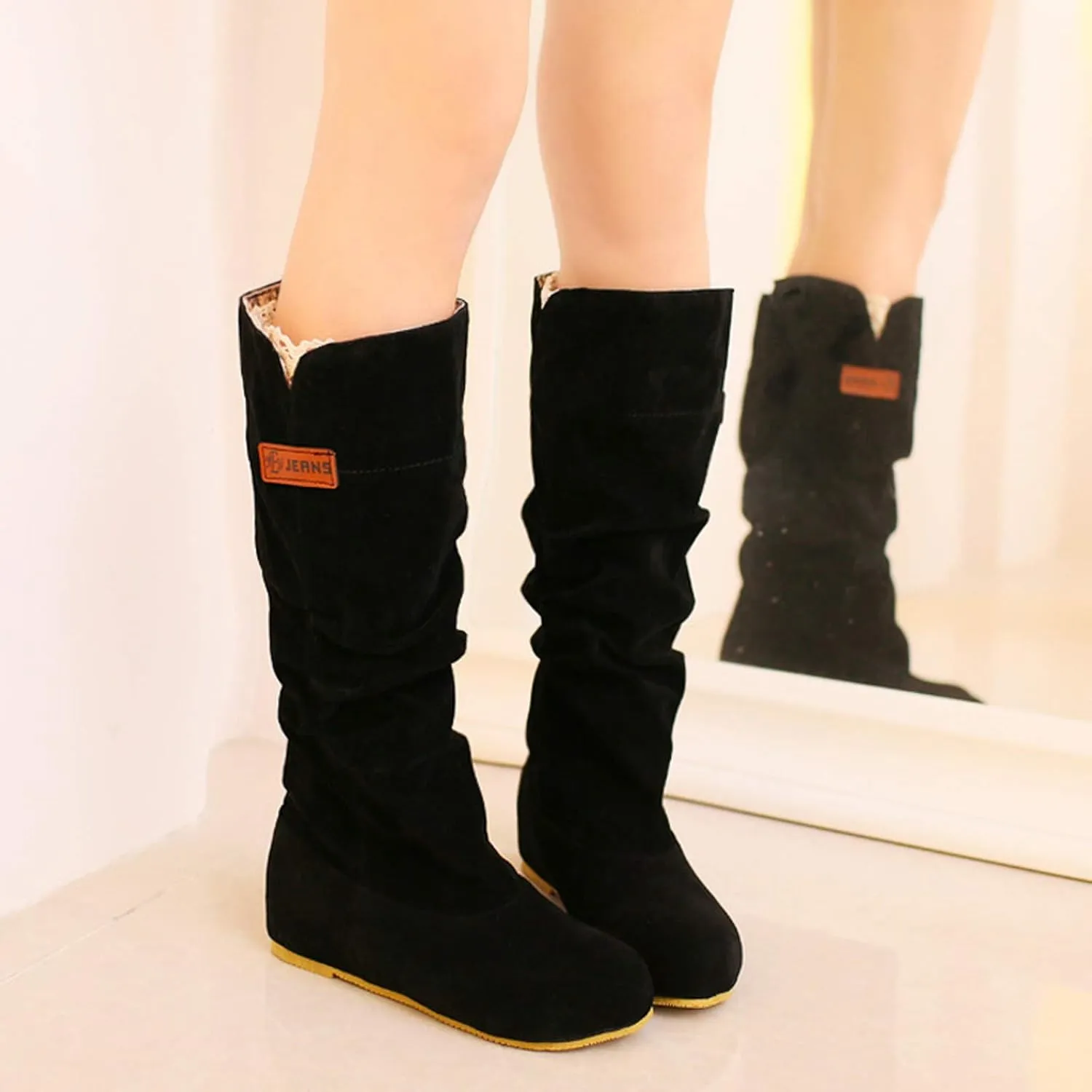 Ankle Boots For Women Pull On Flat Thigh High Boots Suede Mid-Calf Knee High Boots Fall Work Tall Long Bootie
