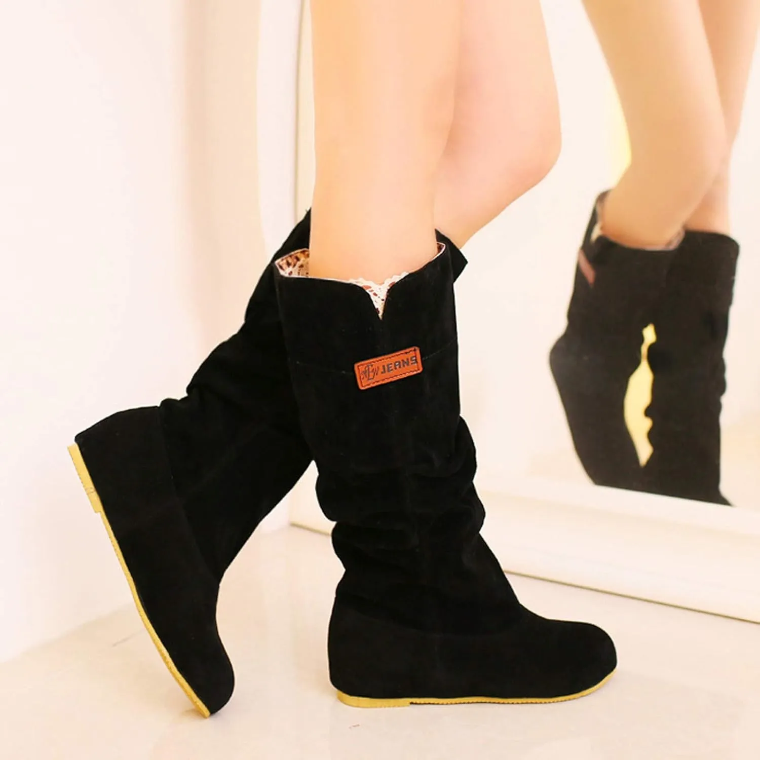 Ankle Boots For Women Pull On Flat Thigh High Boots Suede Mid-Calf Knee High Boots Fall Work Tall Long Bootie
