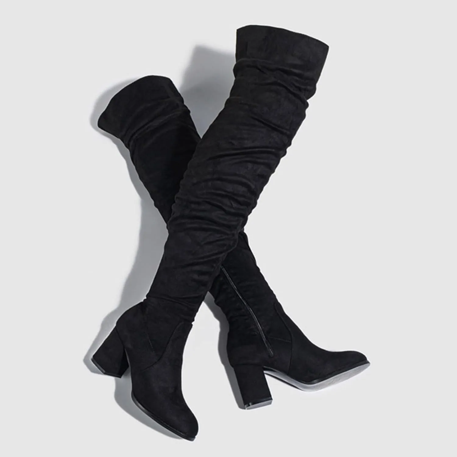 Ankle Boots For Women Square Heel Over Knee Boots Suede Zipper Thigh High Boots Chunky Heeled Tall Long Boots