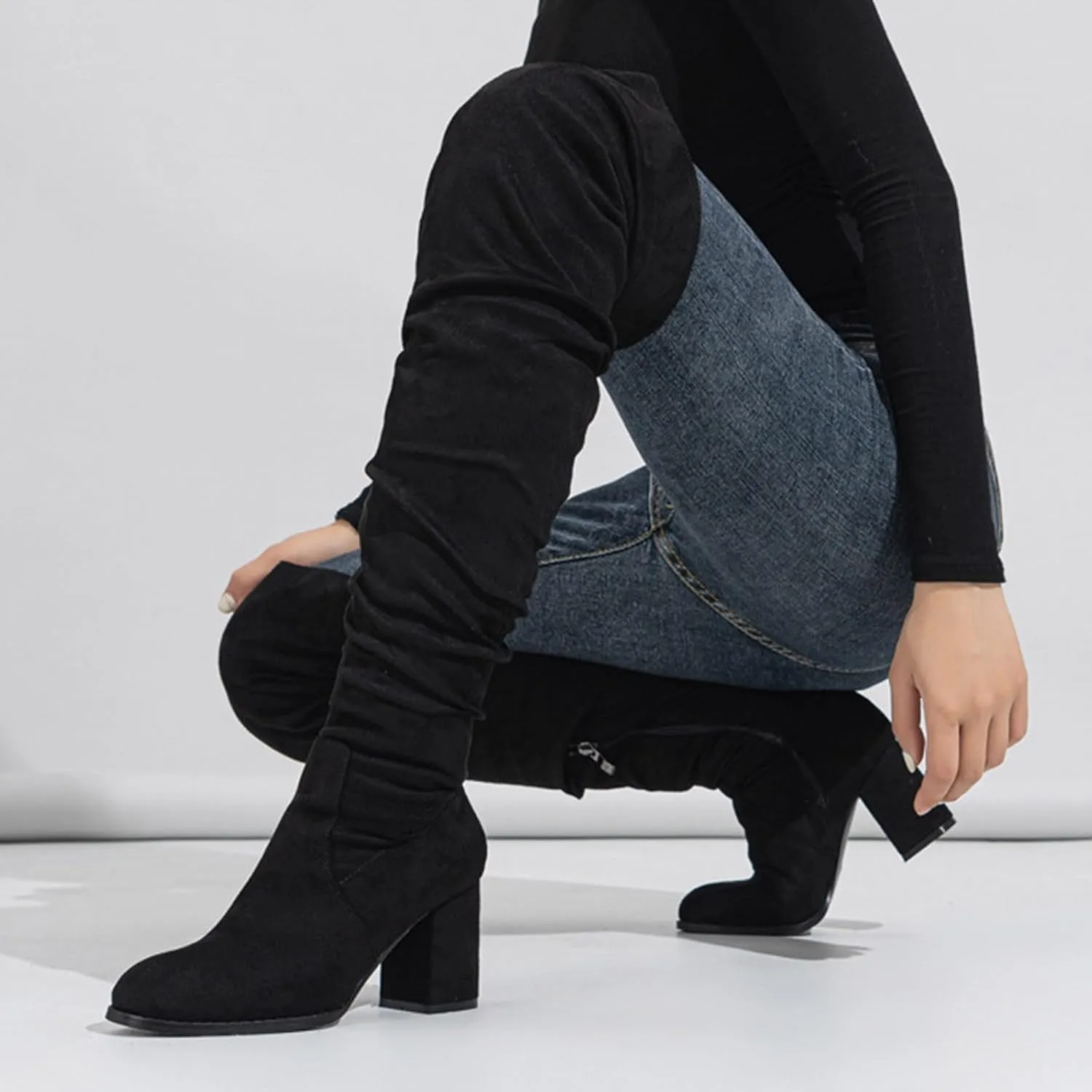 Ankle Boots For Women Square Heel Over Knee Boots Suede Zipper Thigh High Boots Chunky Heeled Tall Long Boots