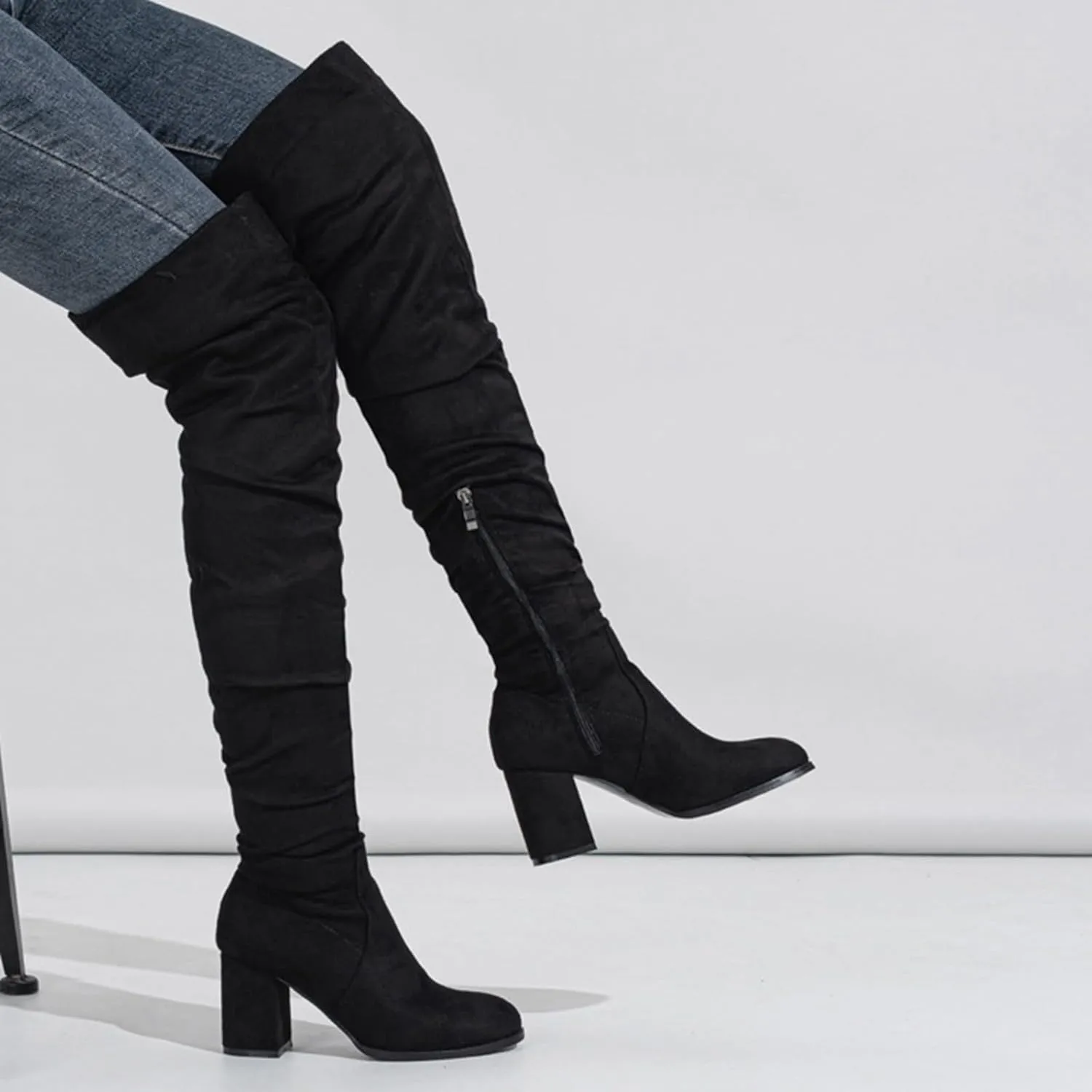 Ankle Boots For Women Square Heel Over Knee Boots Suede Zipper Thigh High Boots Chunky Heeled Tall Long Boots