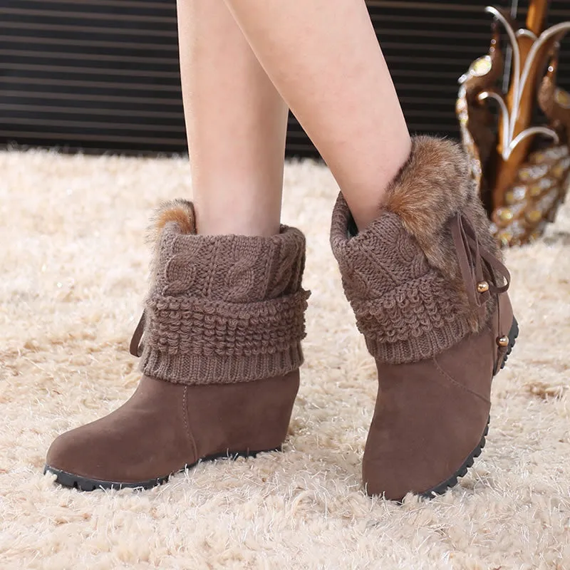 Beads Faux Fur Inside Wedge Heel Short Snow Boots