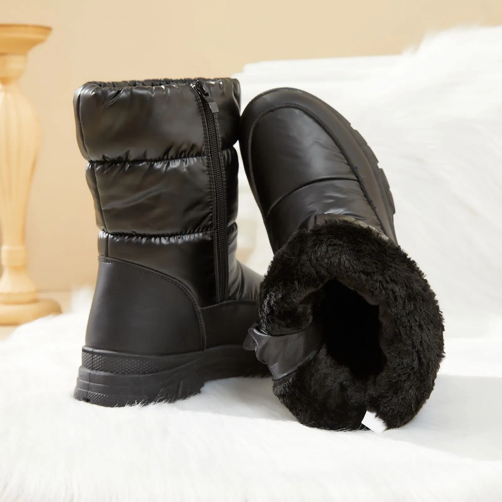 Black Warm Comfort Drawstring Platform Snow Boots