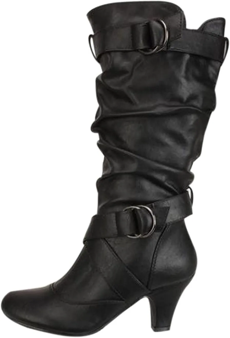 Boots For Women Pleated 2 Buckle Belt Knee High Boots Low Block Heel Thigh High Boots Tall Long Bootie