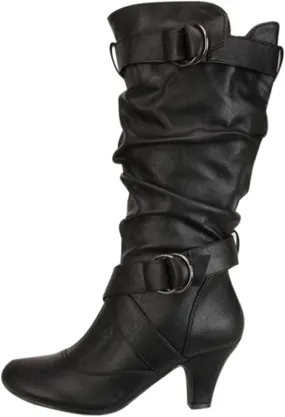 Boots For Women Pleated 2 Buckle Belt Knee High Boots Low Block Heel Thigh High Boots Tall Long Bootie