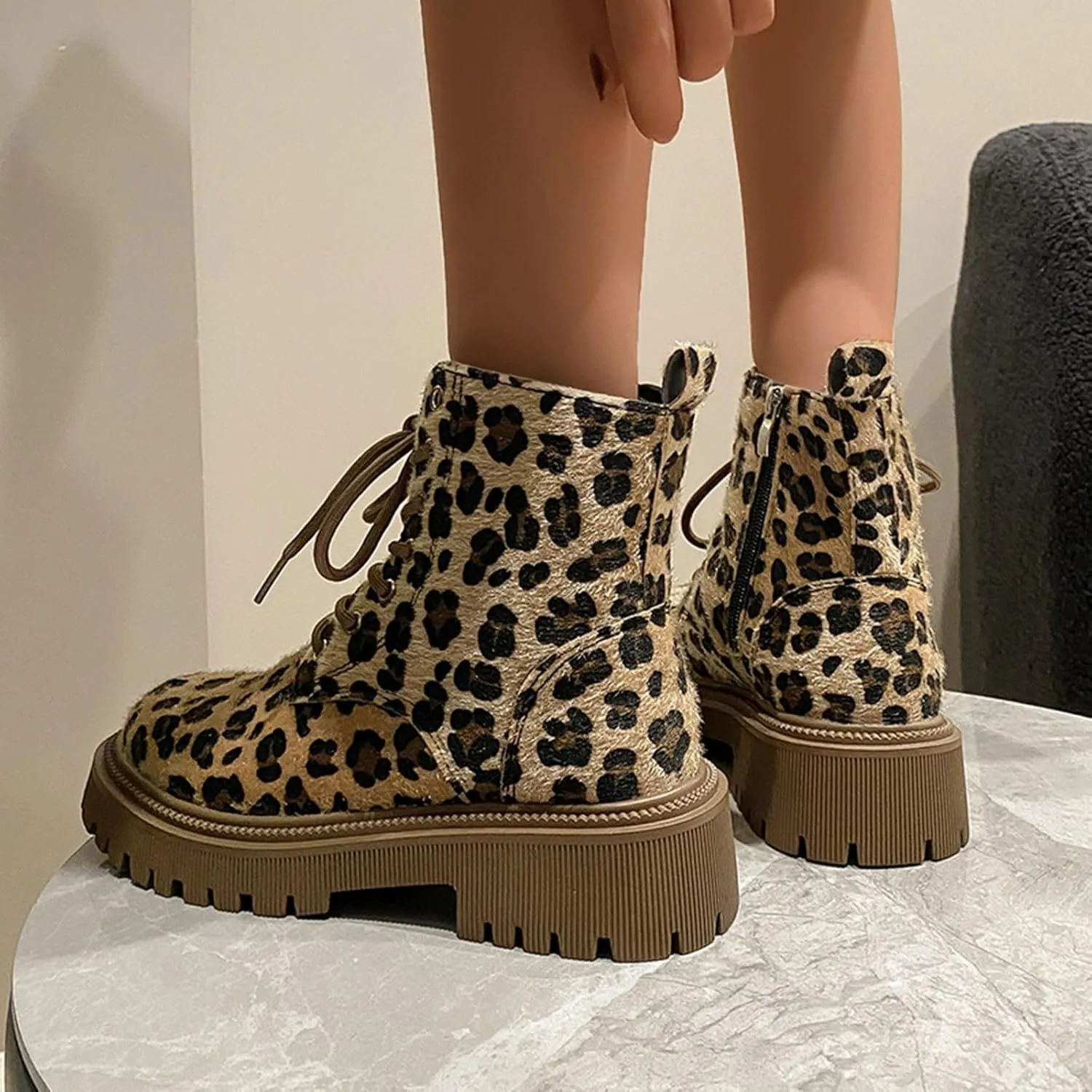 Combat Boots Womens Women's Y2K Leopard Print Lace-Up Combat Boots Thick Platform Gothic Halloween Bootie Non-Slip