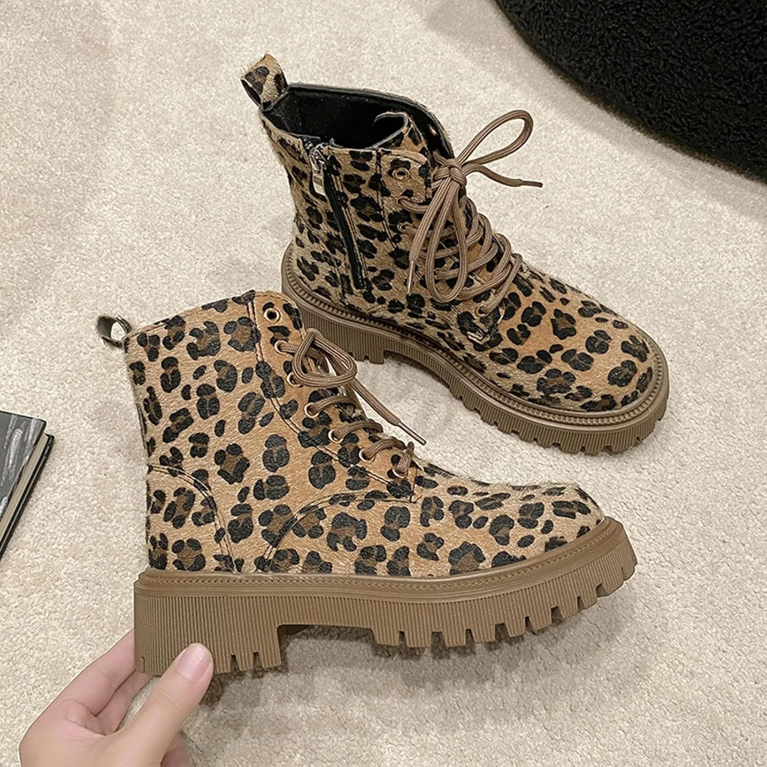 Combat Boots Womens Women's Y2K Leopard Print Lace-Up Combat Boots Thick Platform Gothic Halloween Bootie Non-Slip