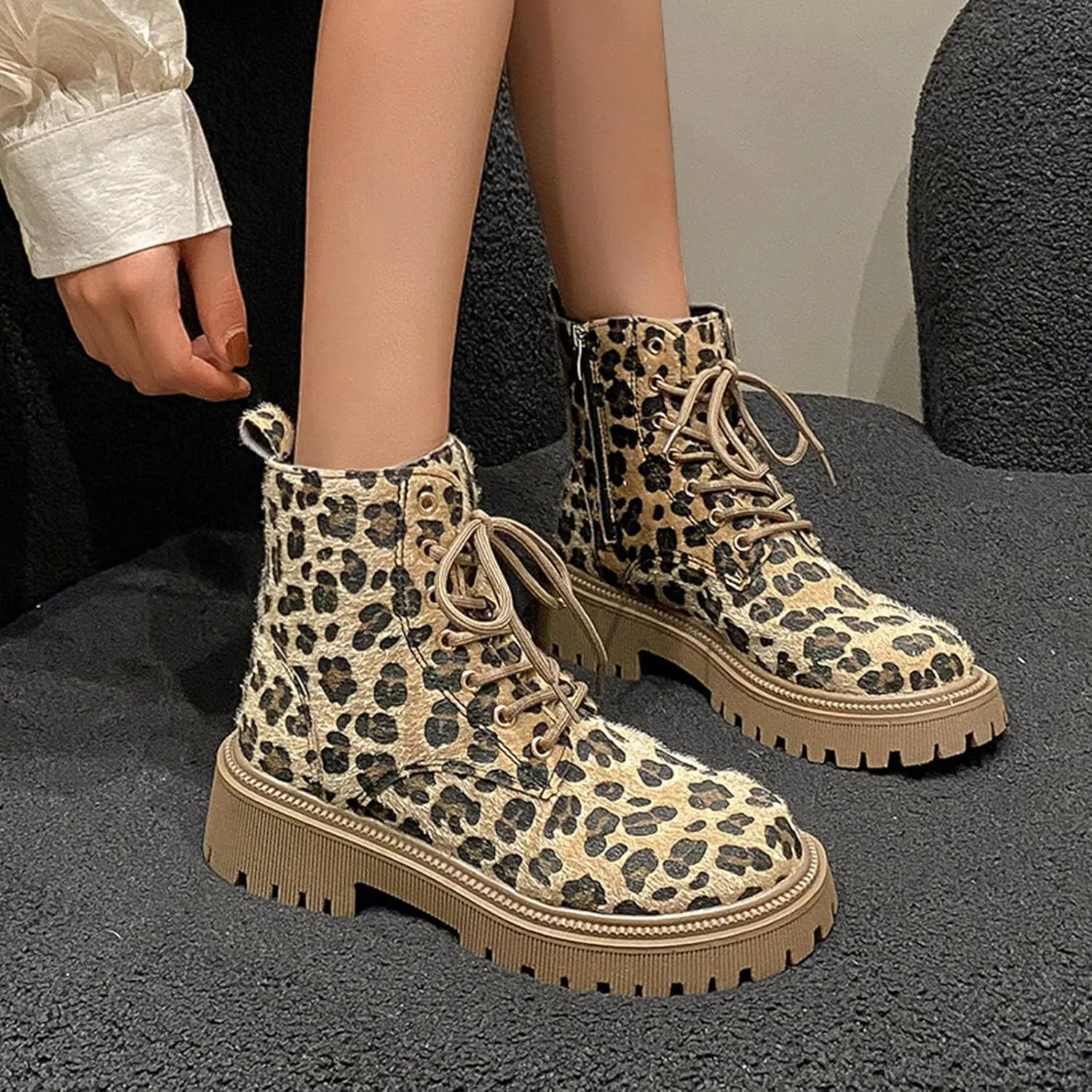 Combat Boots Womens Women's Y2K Leopard Print Lace-Up Combat Boots Thick Platform Gothic Halloween Bootie Non-Slip