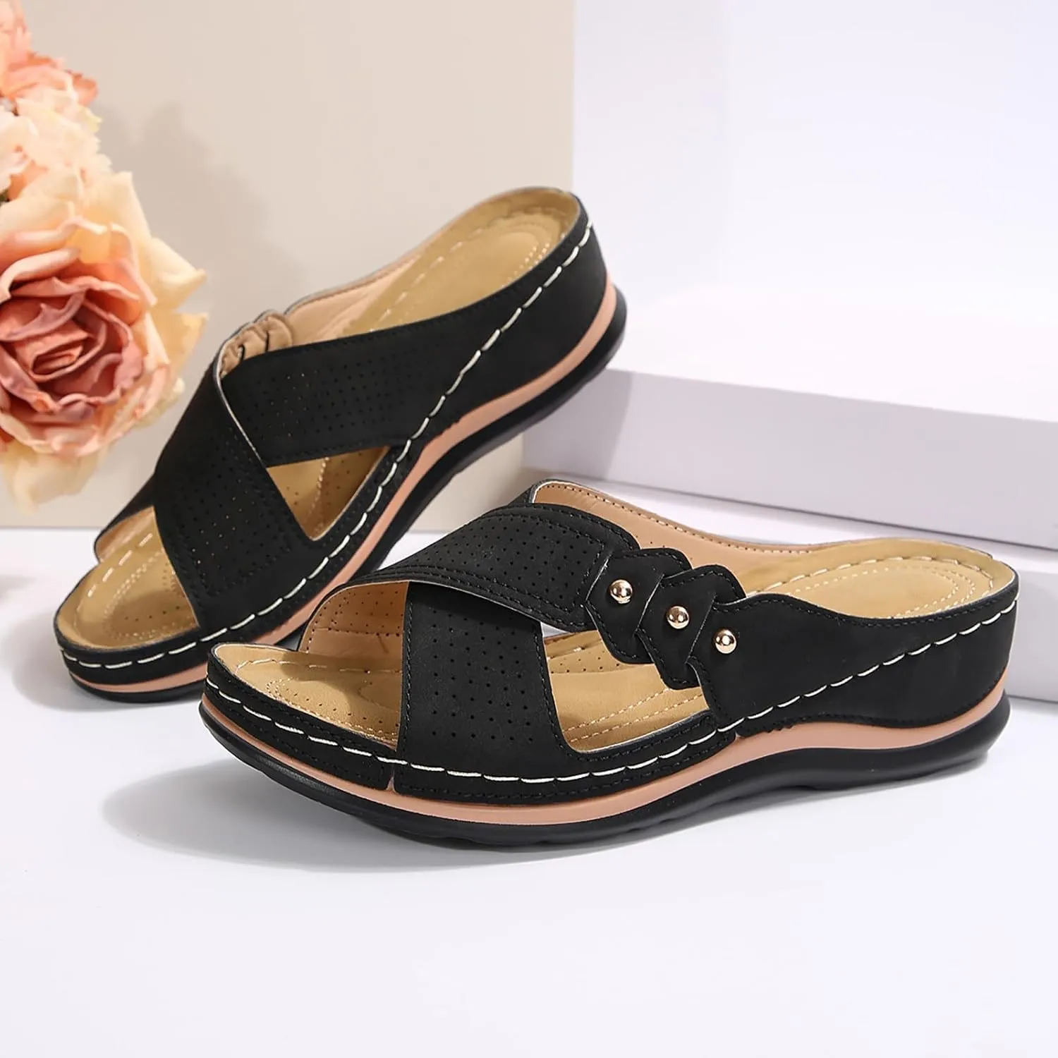 Comfortable Sandals for Women Open Toe Dressy Low Heel Sandals Fashion Crisscross Straps Slip on Wedge Sandal with Arch Support Slip on Platform Sandal Beach Shoes 2025 Orthopedic Wedge Shoes