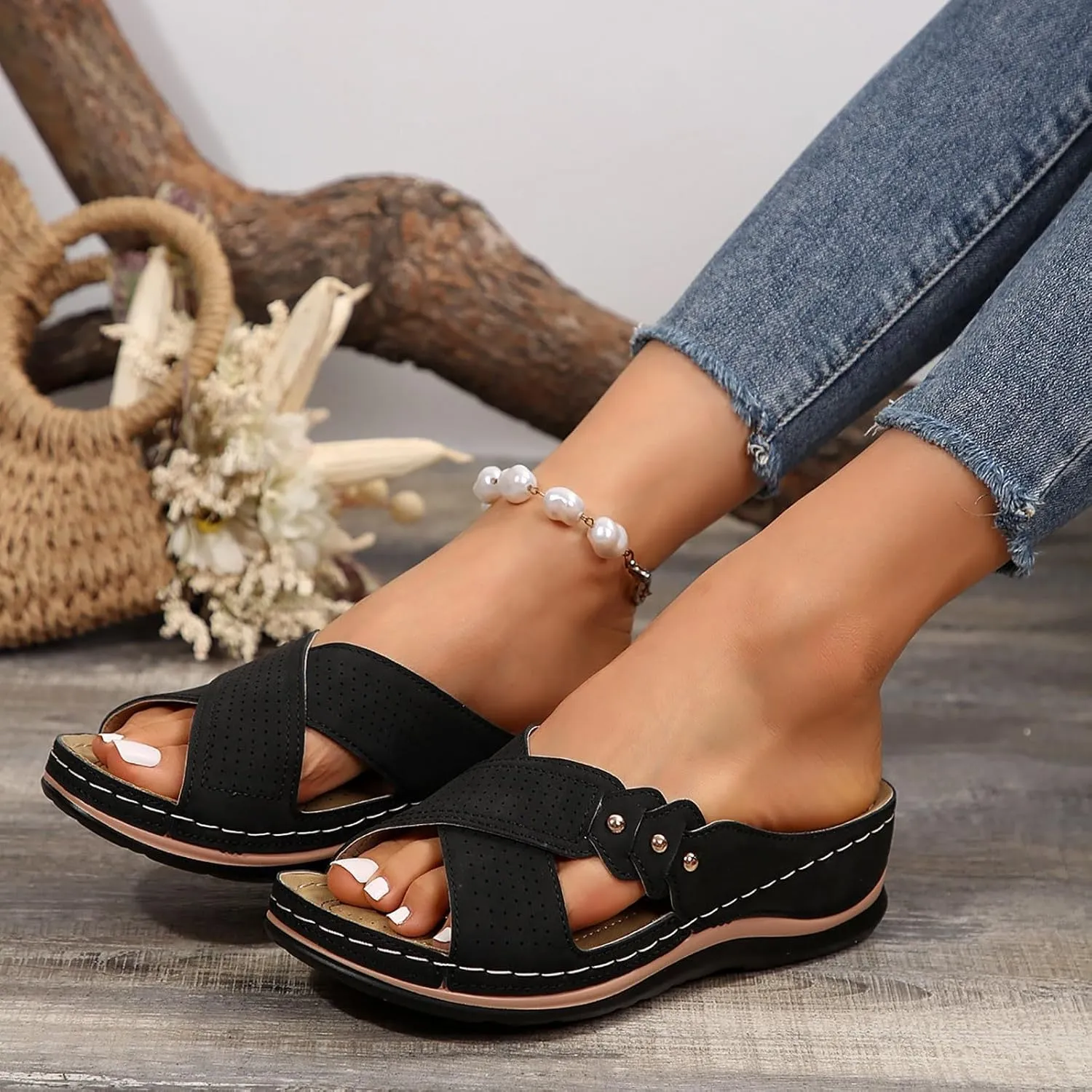 Comfortable Sandals for Women Open Toe Dressy Low Heel Sandals Fashion Crisscross Straps Slip on Wedge Sandal with Arch Support Slip on Platform Sandal Beach Shoes 2025 Orthopedic Wedge Shoes