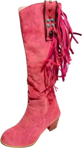 Cowboy Boots For Women Casual Hot Pink Square Heel Thigh High Boots Tassel Knee High Boots Suede Tall Boots
