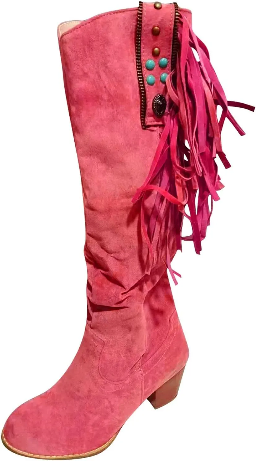 Cowboy Boots For Women Casual Hot Pink Square Heel Thigh High Boots Tassel Knee High Boots Suede Tall Boots