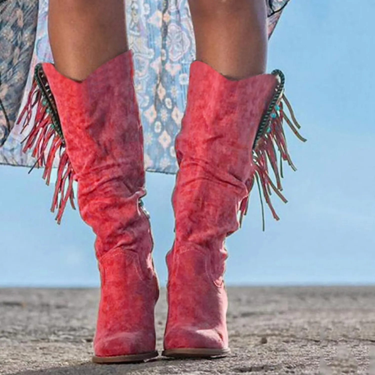 Cowboy Boots For Women Casual Hot Pink Square Heel Thigh High Boots Tassel Knee High Boots Suede Tall Boots