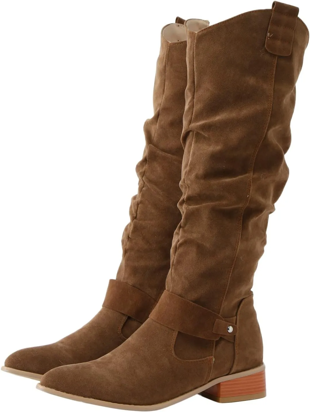Cowboy Boots For Women Retro Solid Color Thigh High Boots Pleated Suede Chunky Heeled Knee High Cowgirl Boots