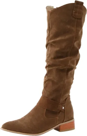 Cowboy Boots For Women Retro Solid Color Thigh High Boots Pleated Suede Chunky Heeled Knee High Cowgirl Boots