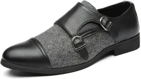 Dress Oxford Shoes for Men Slip On Two Tone Monk Strap Cap Toe PU Leather Anti-Slip Slip Resistant Block Heel Non Slip Low Top Walking (Color : Black Gray, Size : 9)