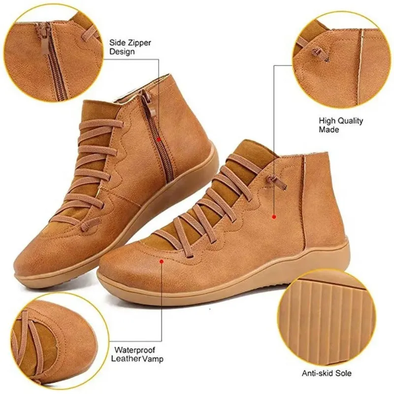 Dyavor Women Leather Waterproof Orthopedic Vintage Boots