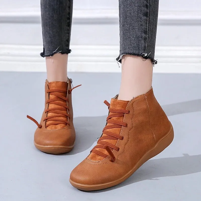 Dyavor Women Leather Waterproof Orthopedic Vintage Boots