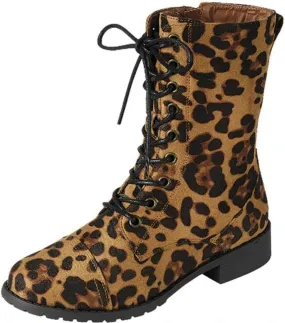 Forever Link Womens Round Toe Military Lace up Knit Ankle Cuff Low Heel Combat Boots
