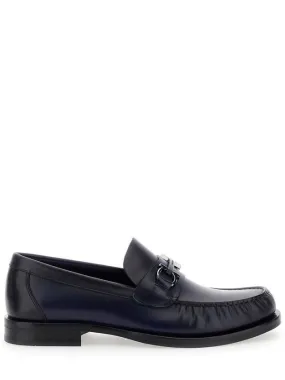 'Fort' Blue Slip-On Loafers With Gancini Detail In Brushed Leather Man