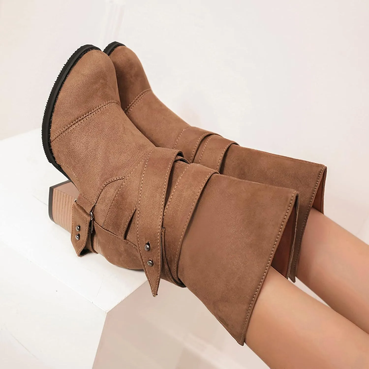 Hiking Boots Women Retro Belt Buckle Mid-Calf Western Cowboy Boots Pull On Chunky Heel Ankle Work Boots