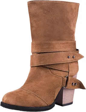 Hiking Boots Women Retro Belt Buckle Mid-Calf Western Cowboy Boots Pull On Chunky Heel Ankle Work Boots