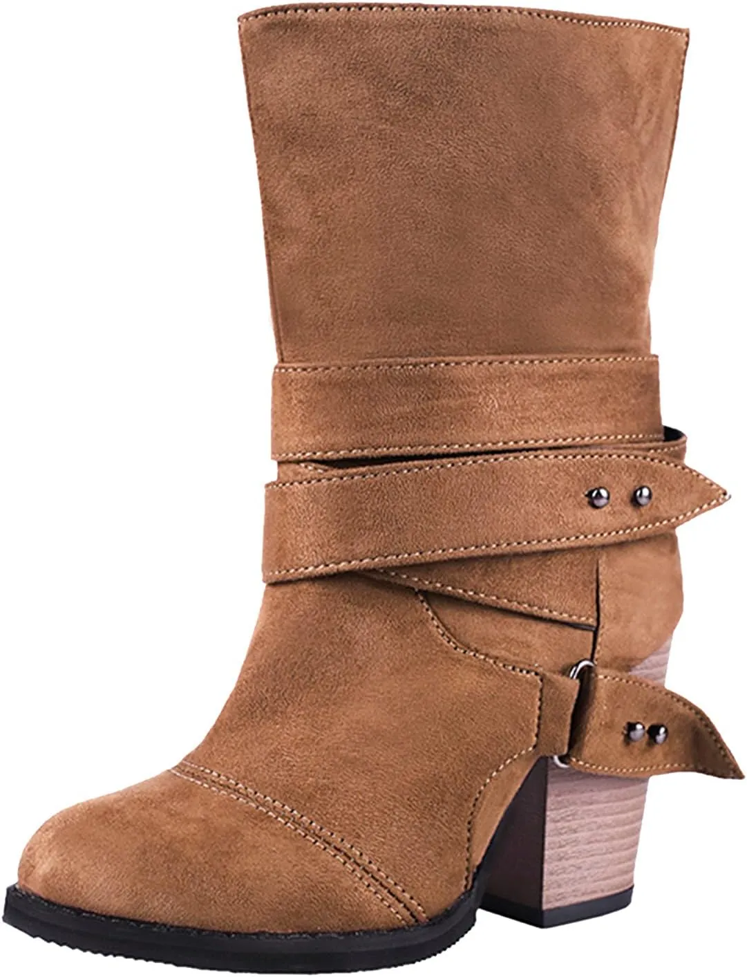 Hiking Boots Women Retro Belt Buckle Mid-Calf Western Cowboy Boots Pull On Chunky Heel Ankle Work Boots