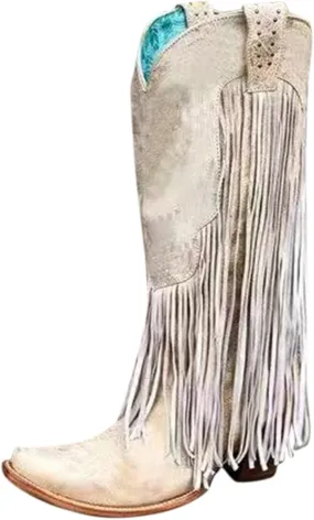 Hiking Boots Women Tassel Western Chunky Heel Cowgirl Boots Retro Pull On Suede Knee High Cowboy Boots