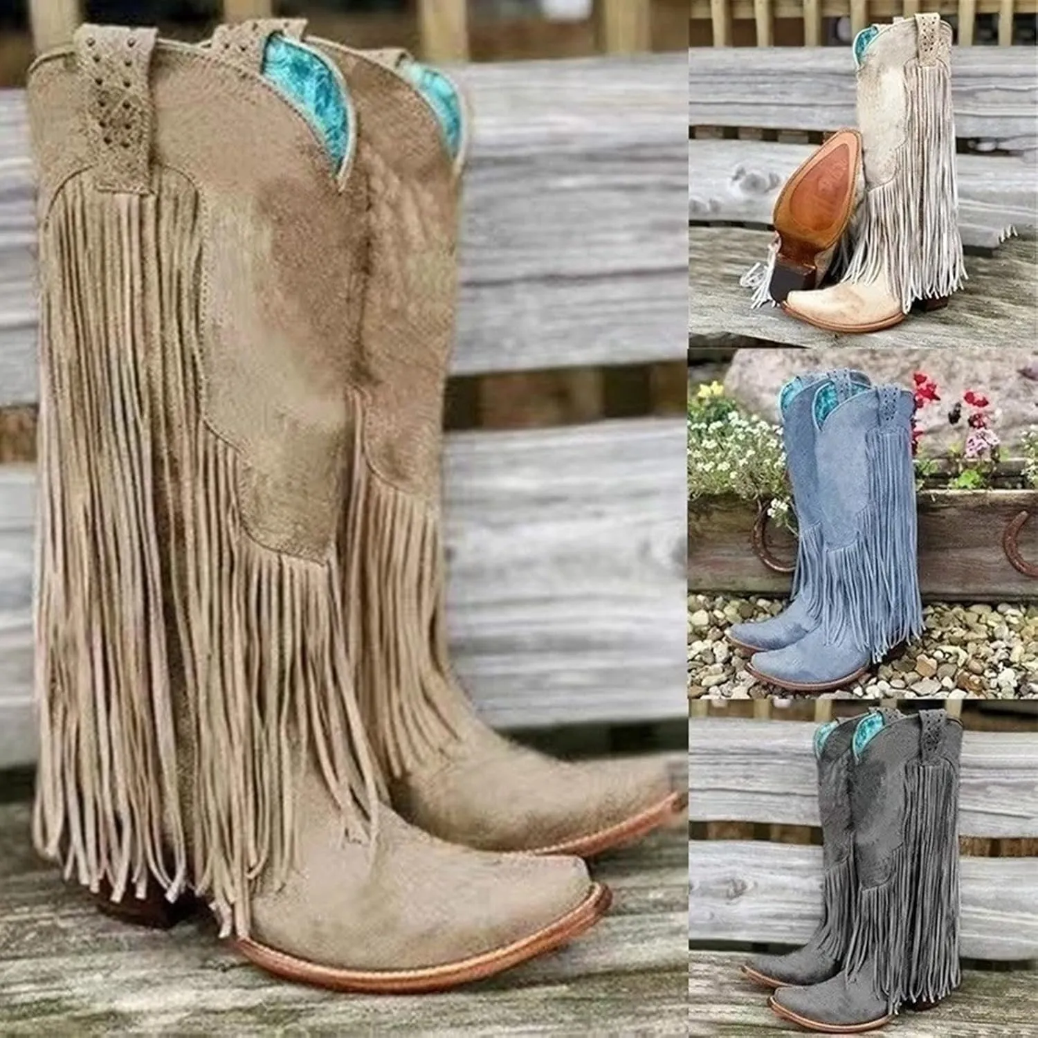 Hiking Boots Women Tassel Western Chunky Heel Cowgirl Boots Retro Pull On Suede Knee High Cowboy Boots