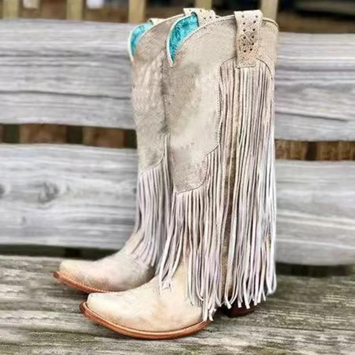 Hiking Boots Women Tassel Western Chunky Heel Cowgirl Boots Retro Pull On Suede Knee High Cowboy Boots