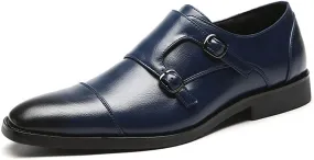 HOOENG Oxford Shoes for Men Slip on Monk Strap Cap Toe Black Burnished Toe PU Leather Anti-Slip Block Heel Rubber Sole Outdoor (Color : Blue, Size : 7.5)