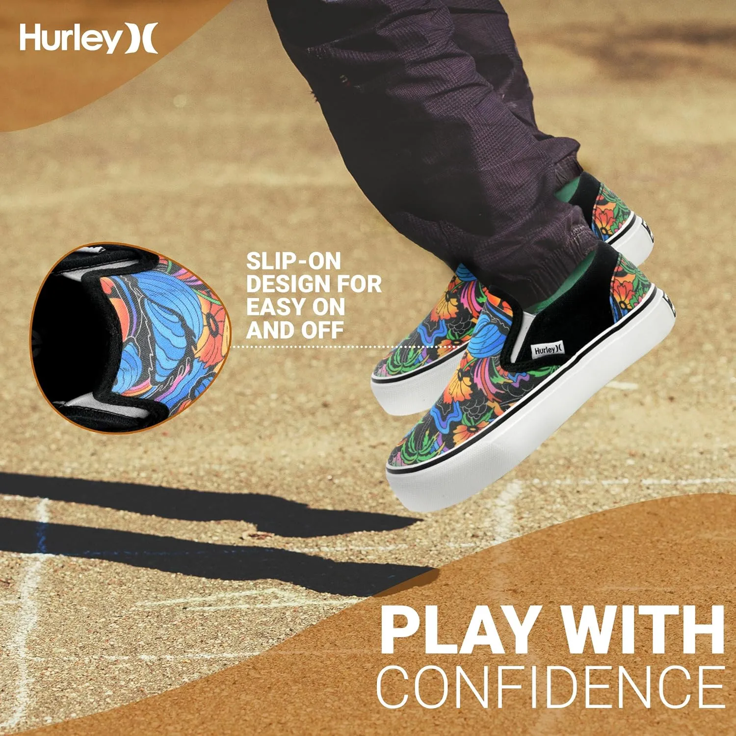 Hurley Kids Canvas Slip On Sneakers – Low Cut Skateboarding Shoes for Kids, Sports Shoes for Boys and Girls, Casual Sneakers