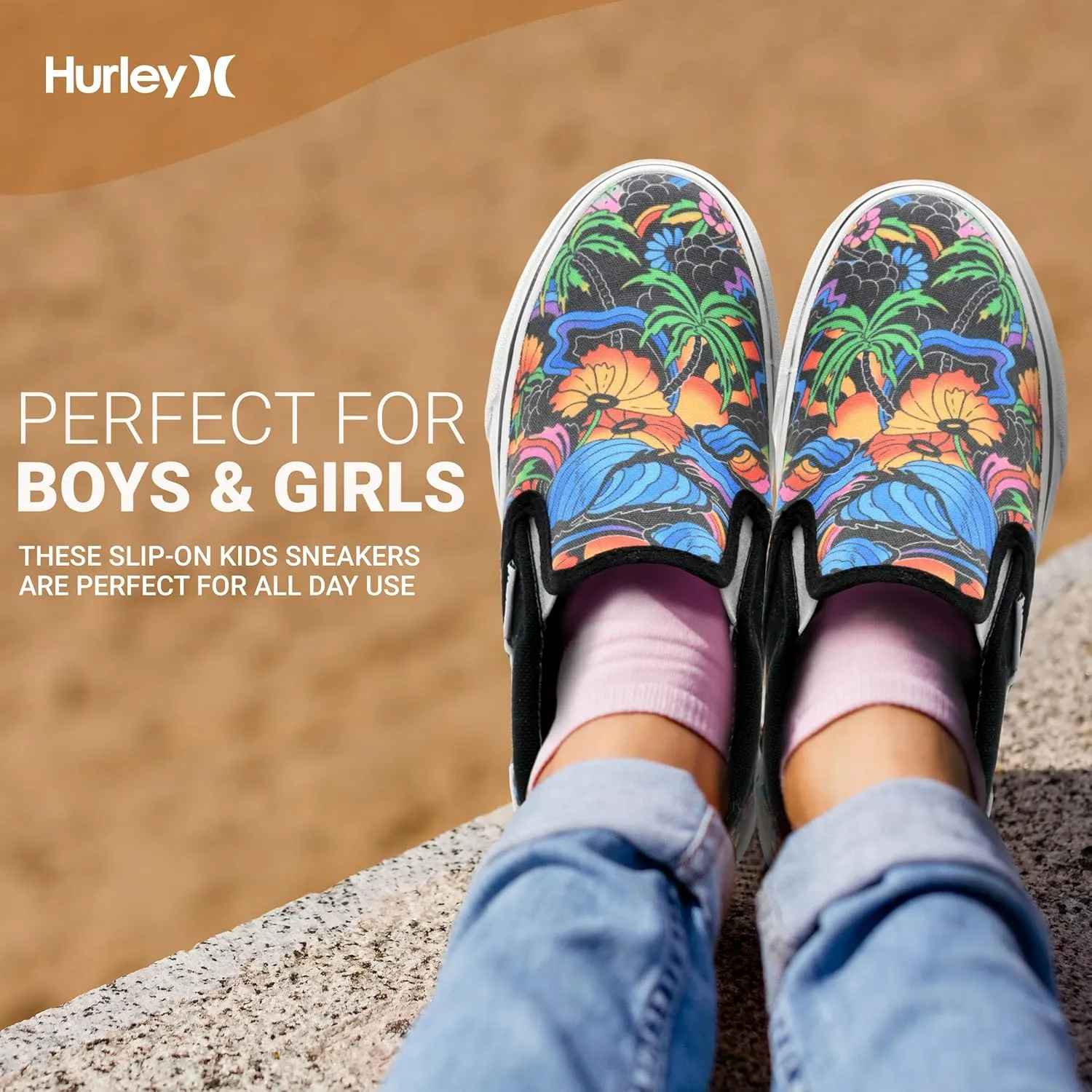 Hurley Kids Canvas Slip On Sneakers – Low Cut Skateboarding Shoes for Kids, Sports Shoes for Boys and Girls, Casual Sneakers
