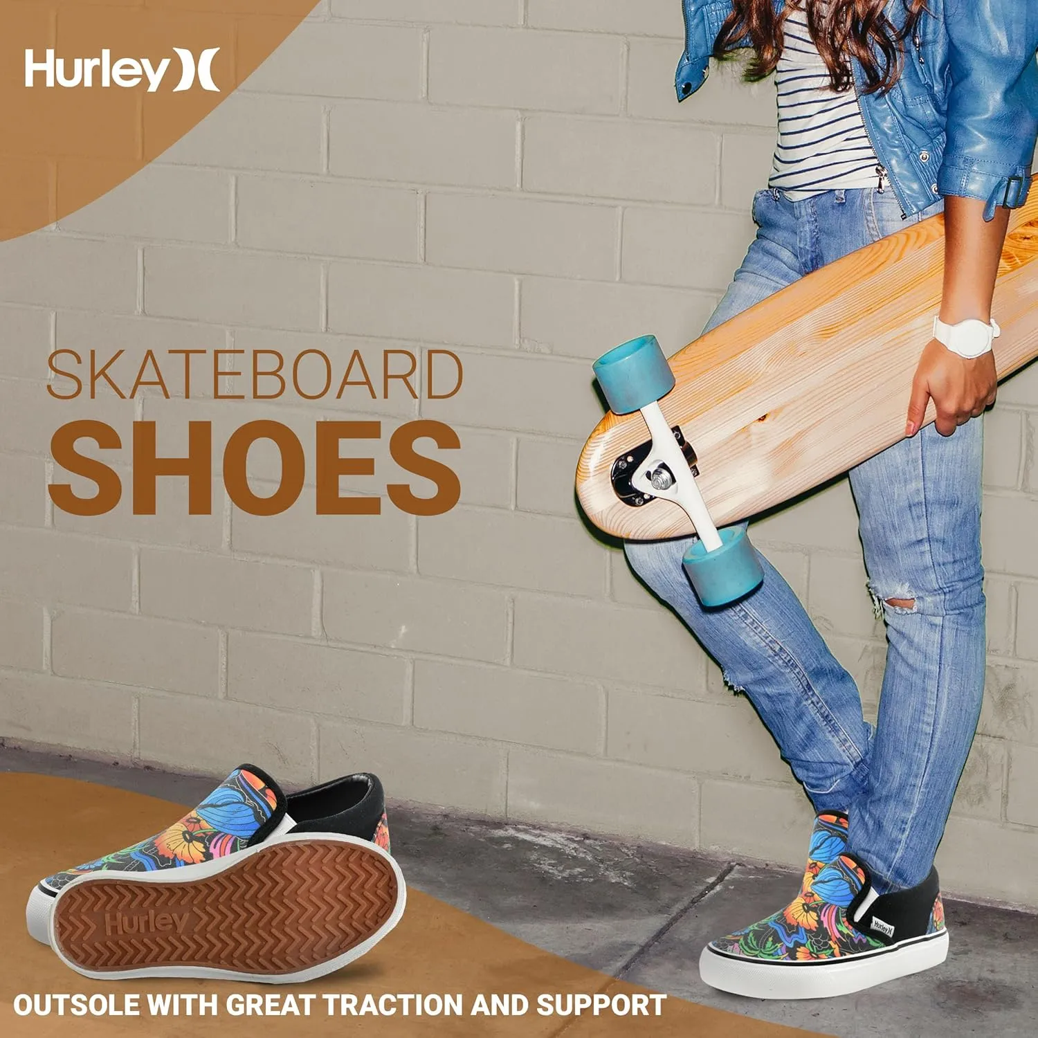 Hurley Kids Canvas Slip On Sneakers – Low Cut Skateboarding Shoes for Kids, Sports Shoes for Boys and Girls, Casual Sneakers
