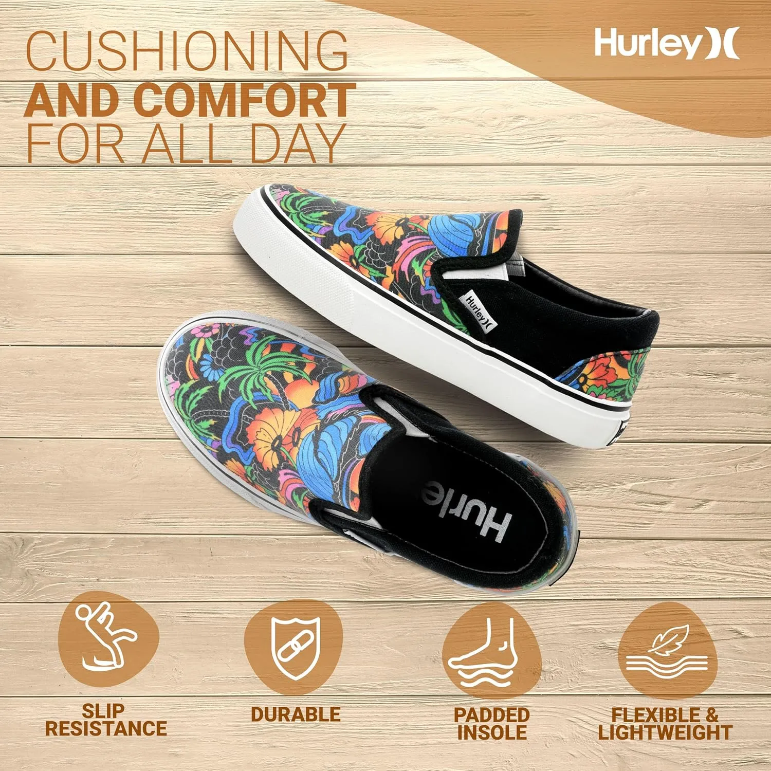 Hurley Kids Canvas Slip On Sneakers – Low Cut Skateboarding Shoes for Kids, Sports Shoes for Boys and Girls, Casual Sneakers