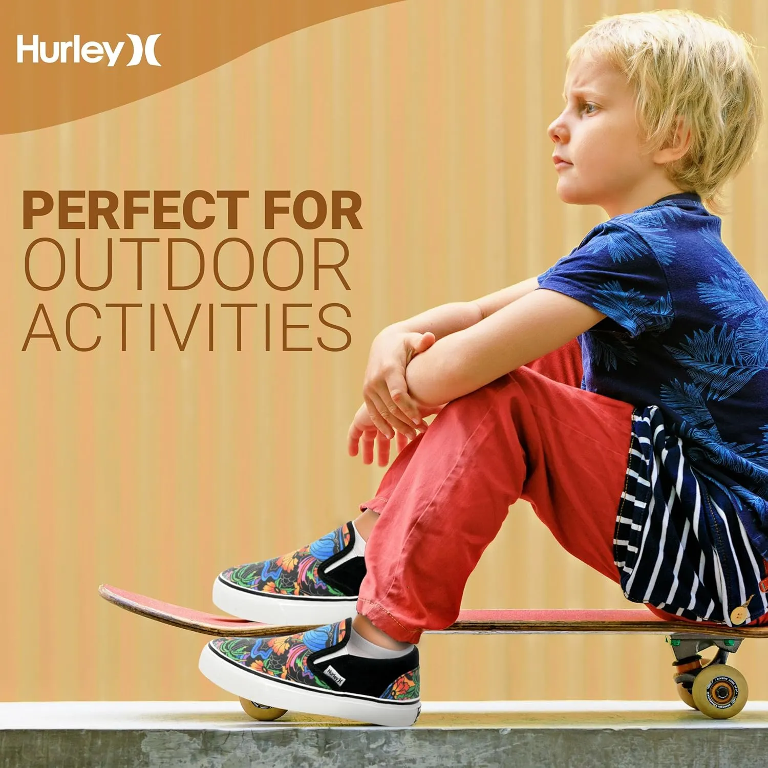 Hurley Kids Canvas Slip On Sneakers – Low Cut Skateboarding Shoes for Kids, Sports Shoes for Boys and Girls, Casual Sneakers
