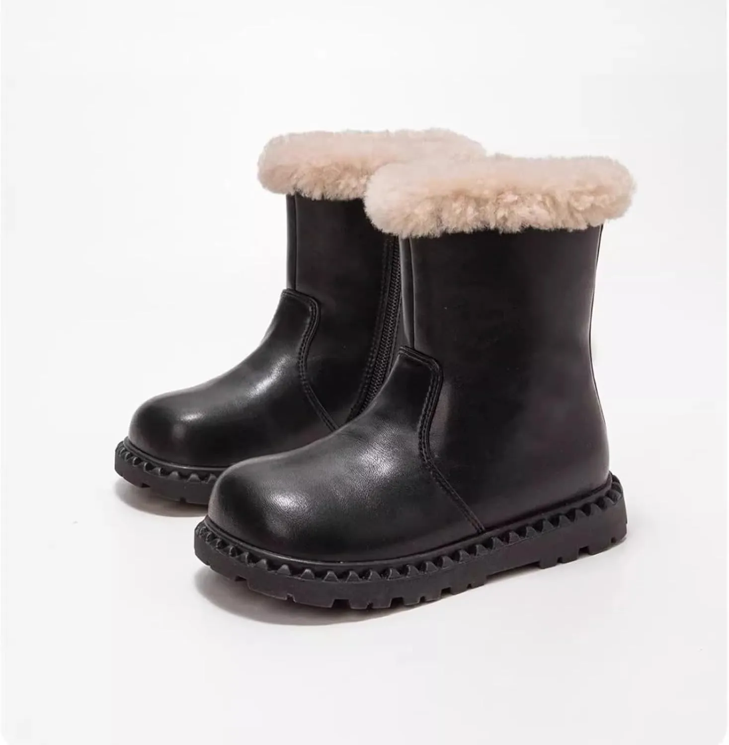 Kids Girls Faux Fr Leather Boots, Warm Winter Flat Bottom Non-Slip Fuzzy Mid Calf Snow Boots for Boots High for Girls