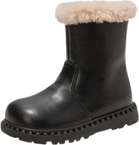 Kids Girls Faux Fr Leather Boots, Warm Winter Flat Bottom Non-Slip Fuzzy Mid Calf Snow Boots for Boots High for Girls