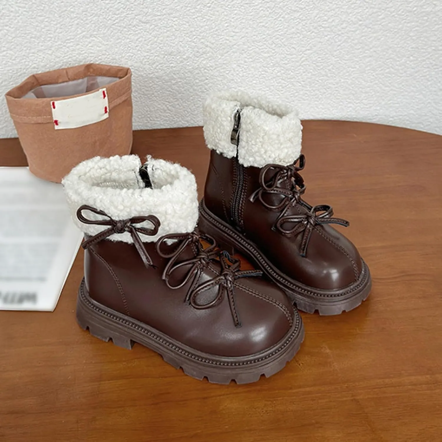 Leather Chunky Soft Sole Snow Boots For Girls Kids Side Zipper Fuzzy Bow aterproof Booties Shoes Toddler Winter Warm