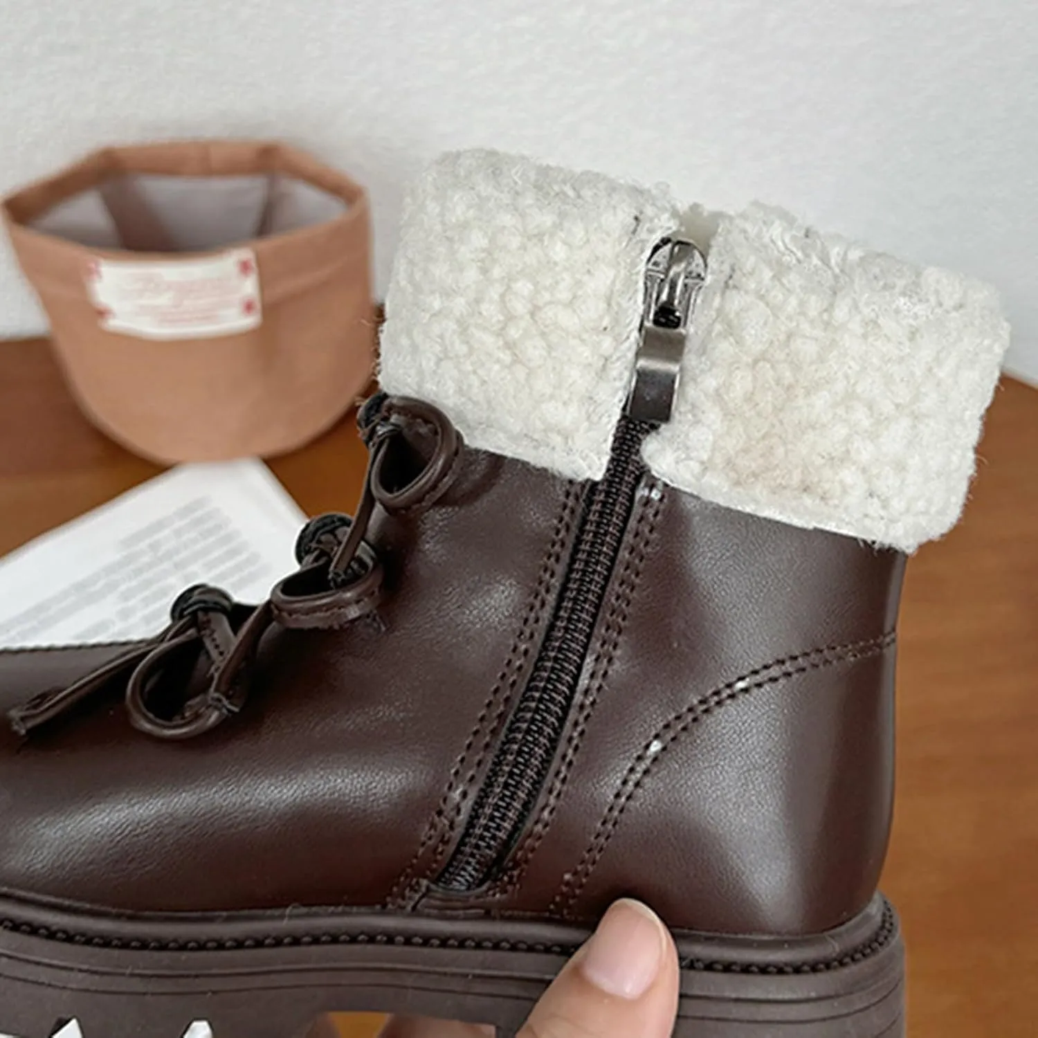 Leather Chunky Soft Sole Snow Boots For Girls Kids Side Zipper Fuzzy Bow aterproof Booties Shoes Toddler Winter Warm