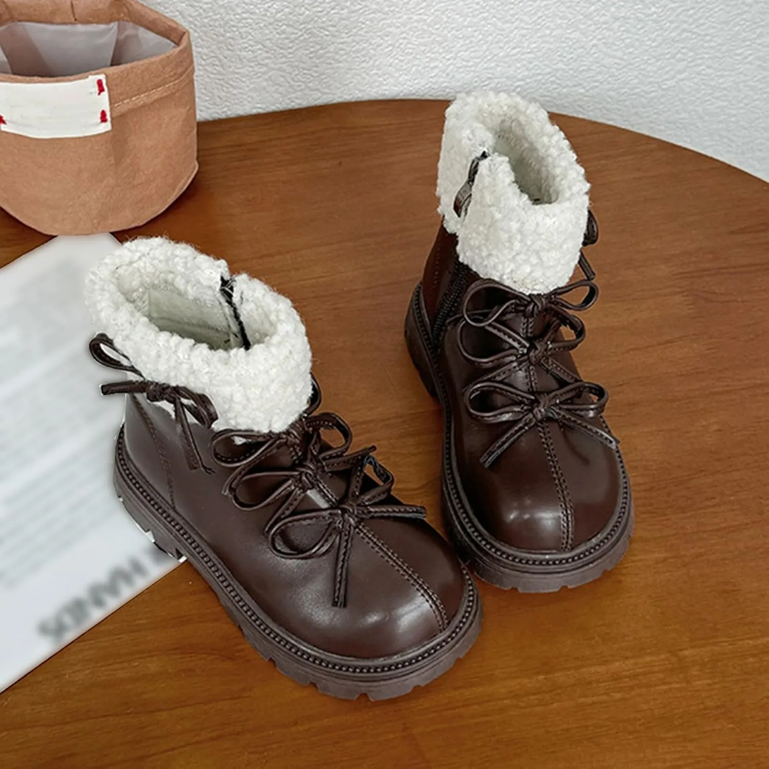 Leather Chunky Soft Sole Snow Boots For Girls Kids Side Zipper Fuzzy Bow aterproof Booties Shoes Toddler Winter Warm