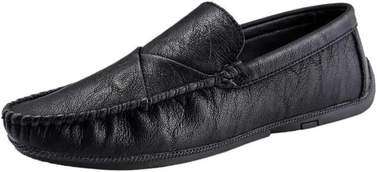 Men's Loafers ?C Genuine Leather Slip-On Shoes with Round Toe, Lightweight, Comfortable, Anti-Slip, and Stylish Stitching Details for Walking and Casual Wear