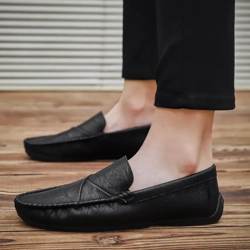 Men's Loafers ?C Genuine Leather Slip-On Shoes with Round Toe, Lightweight, Comfortable, Anti-Slip, and Stylish Stitching Details for Walking and Casual Wear