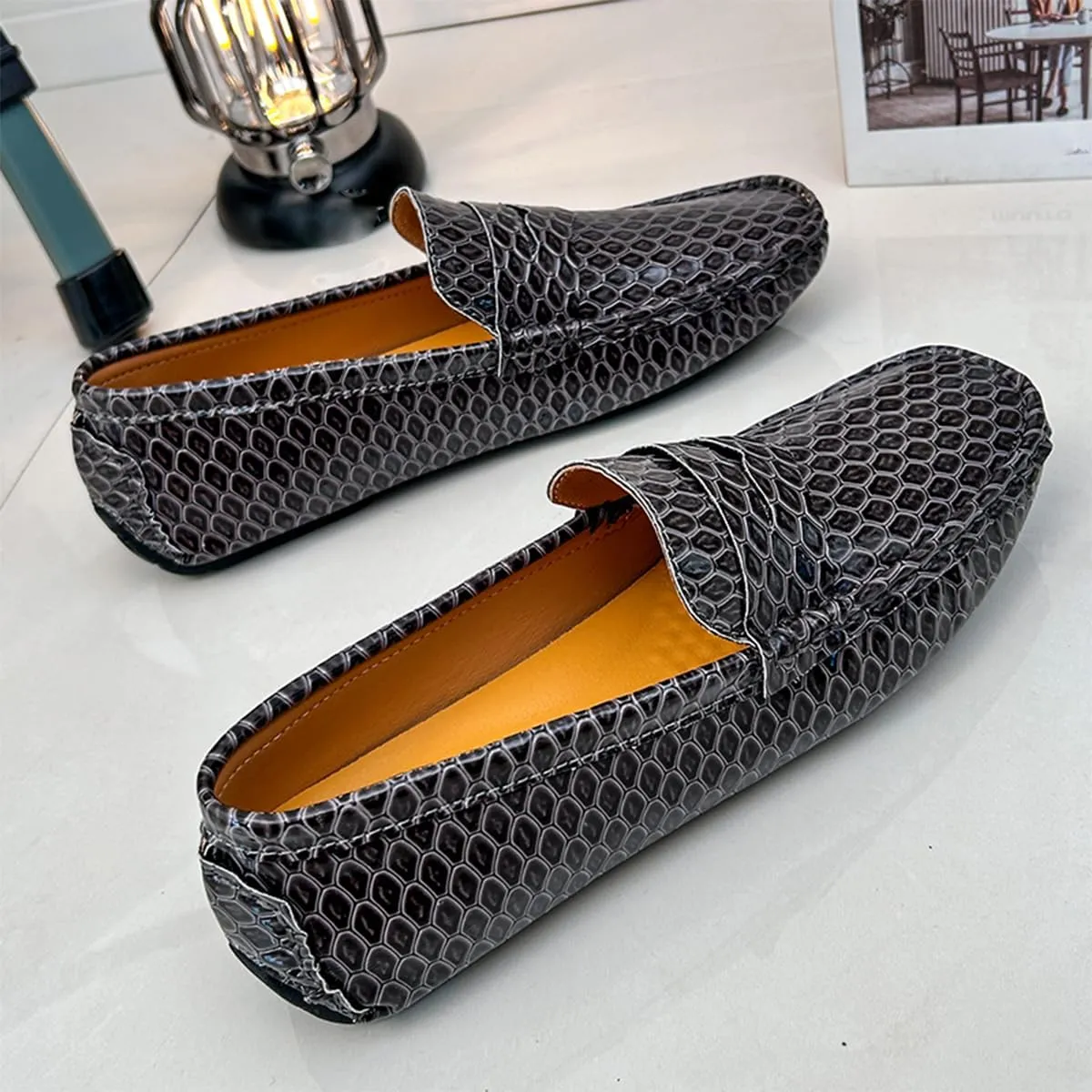 Men's Snake Embossed Leather Loafers Black Slip-On Driving Moccasins Shoes Style