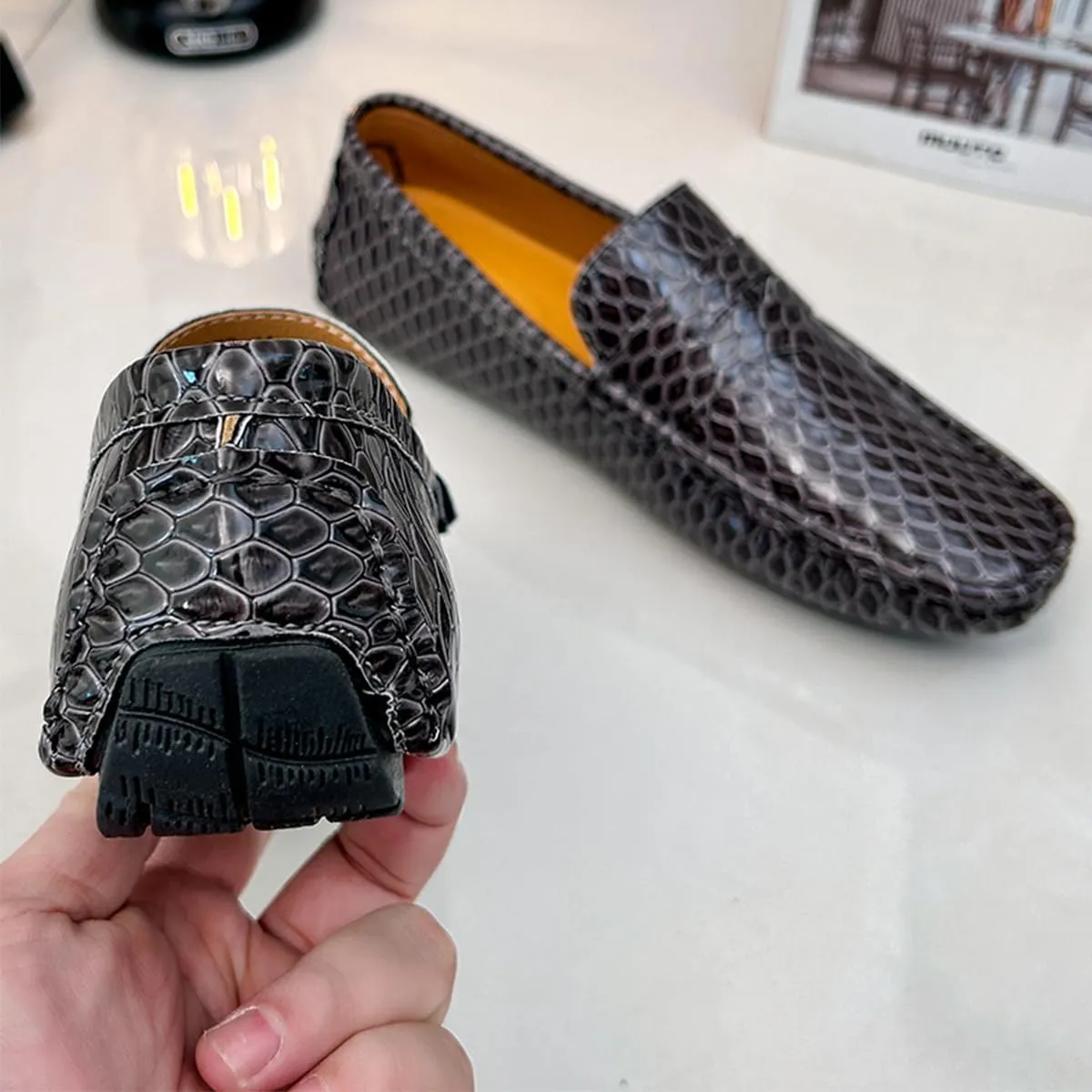 Men's Snake Embossed Leather Loafers Black Slip-On Driving Moccasins Shoes Style