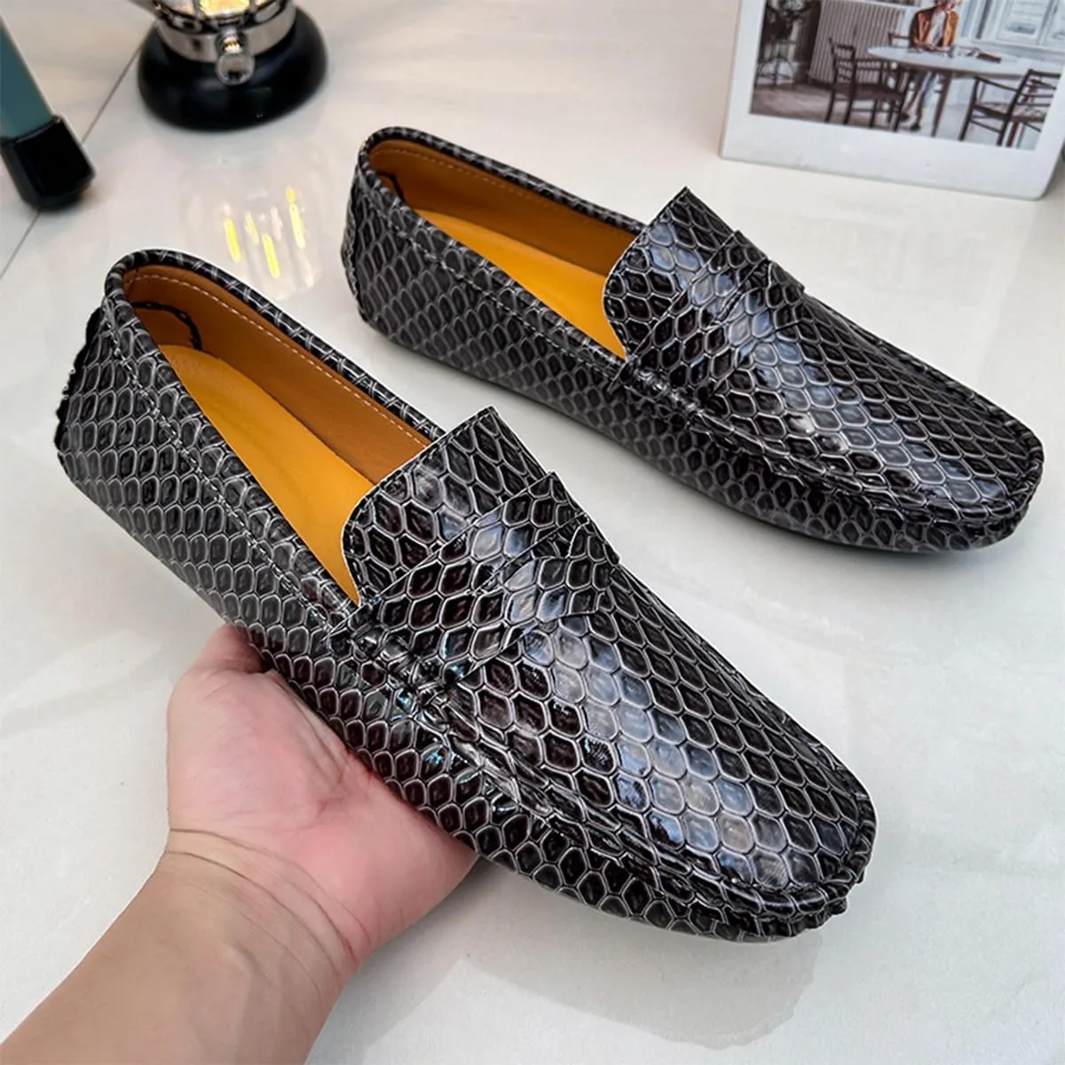 Men's Snake Embossed Leather Loafers Black Slip-On Driving Moccasins Shoes Style