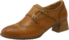 Mona flying Womens Leather Chunky Heel Monk Strap Oxfords Wingtip Ladies Mid Heel Dress Loafers Pumps Shoes with Buckle