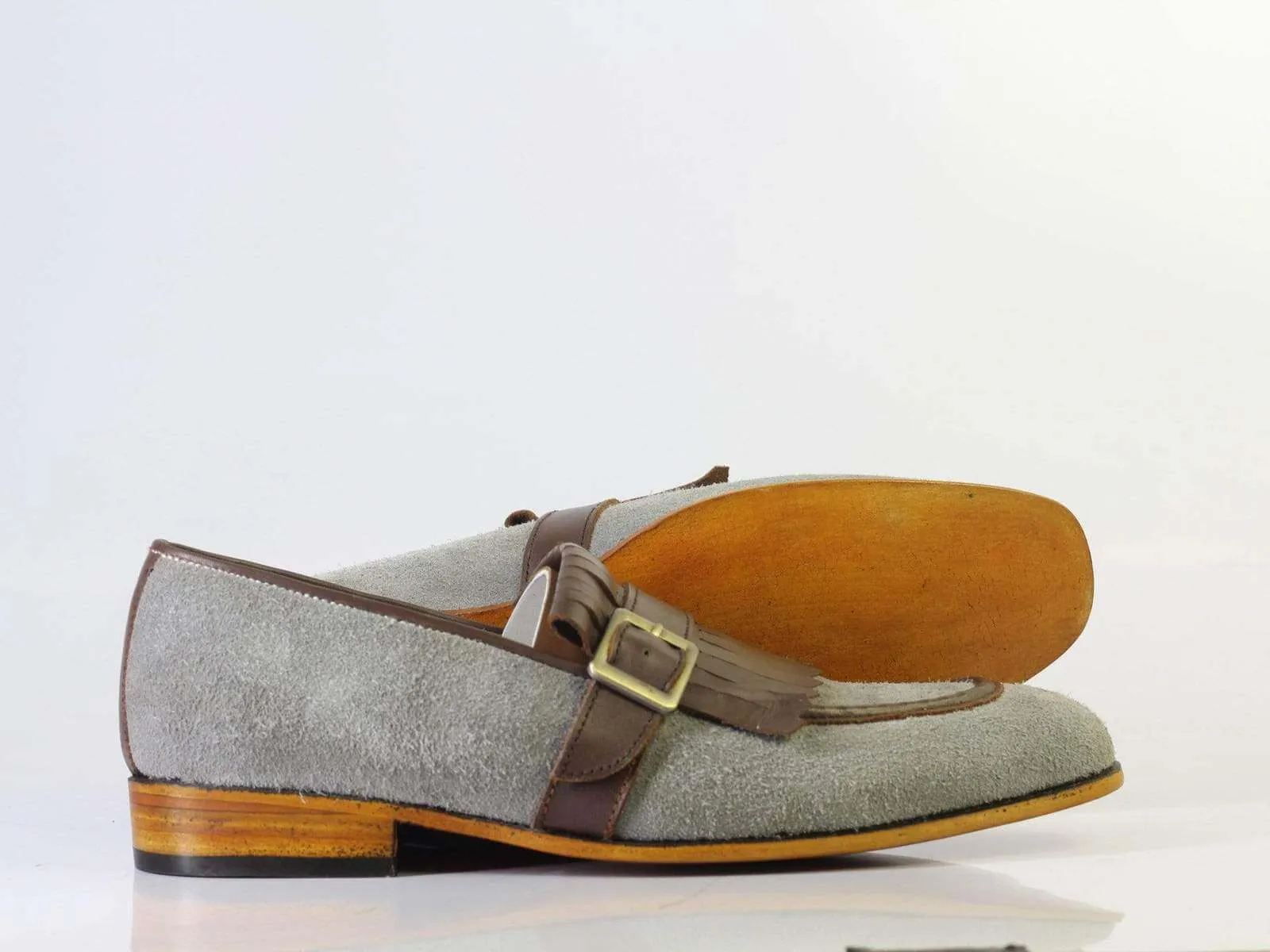 New Men's Handmade Brown Gray Monk Strap & Fringes Leather Suede Shoes, Men Designer Shoes