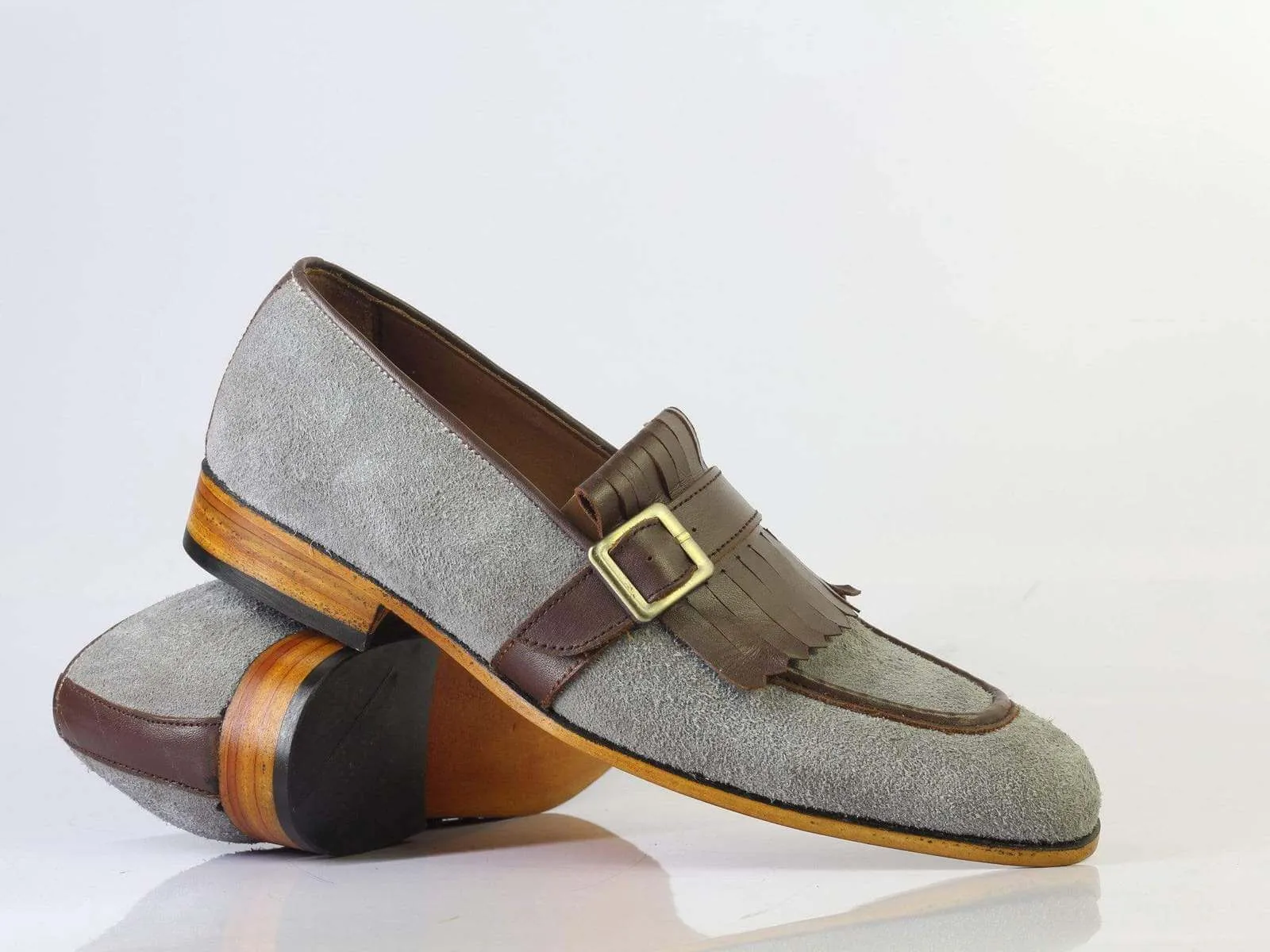 New Men's Handmade Brown Gray Monk Strap & Fringes Leather Suede Shoes, Men Designer Shoes