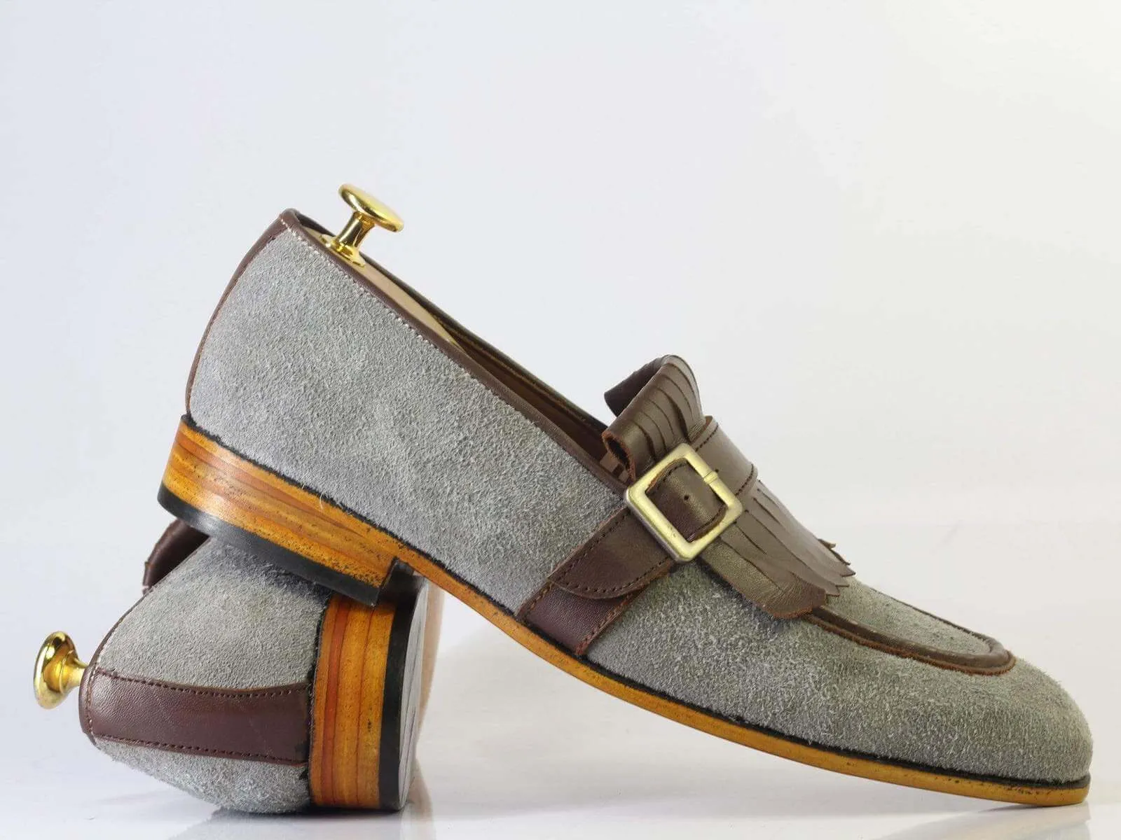 New Men's Handmade Brown Gray Monk Strap & Fringes Leather Suede Shoes, Men Designer Shoes